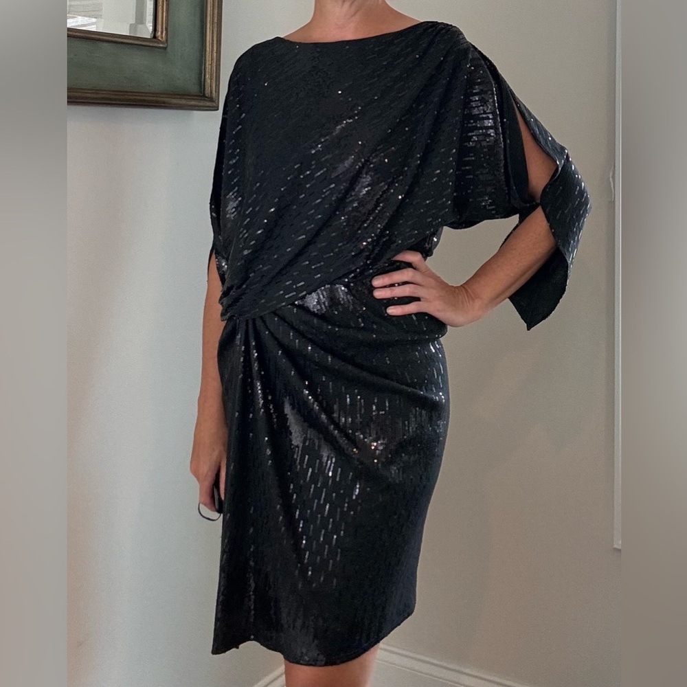 David Meister, 3/4 open sleeve, black sequin cocktail dress